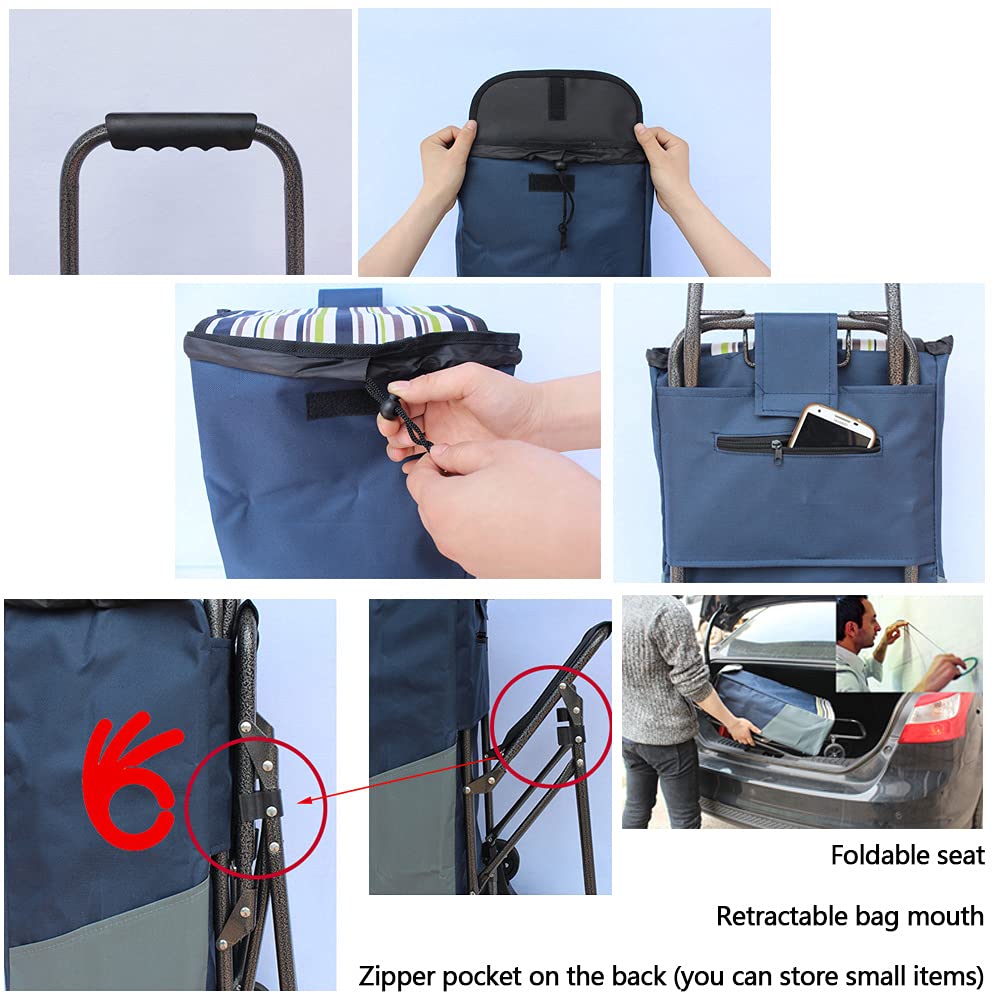 Borsa Pieghevole per impieghi gravosi con Staffa in Acciaio, 6 Ruote, capacità 100 kg, Organizer da 33 Litri, Sedile Rimovibile, Perfetta per Anziani, supermercati, mercati Alimentari, picni