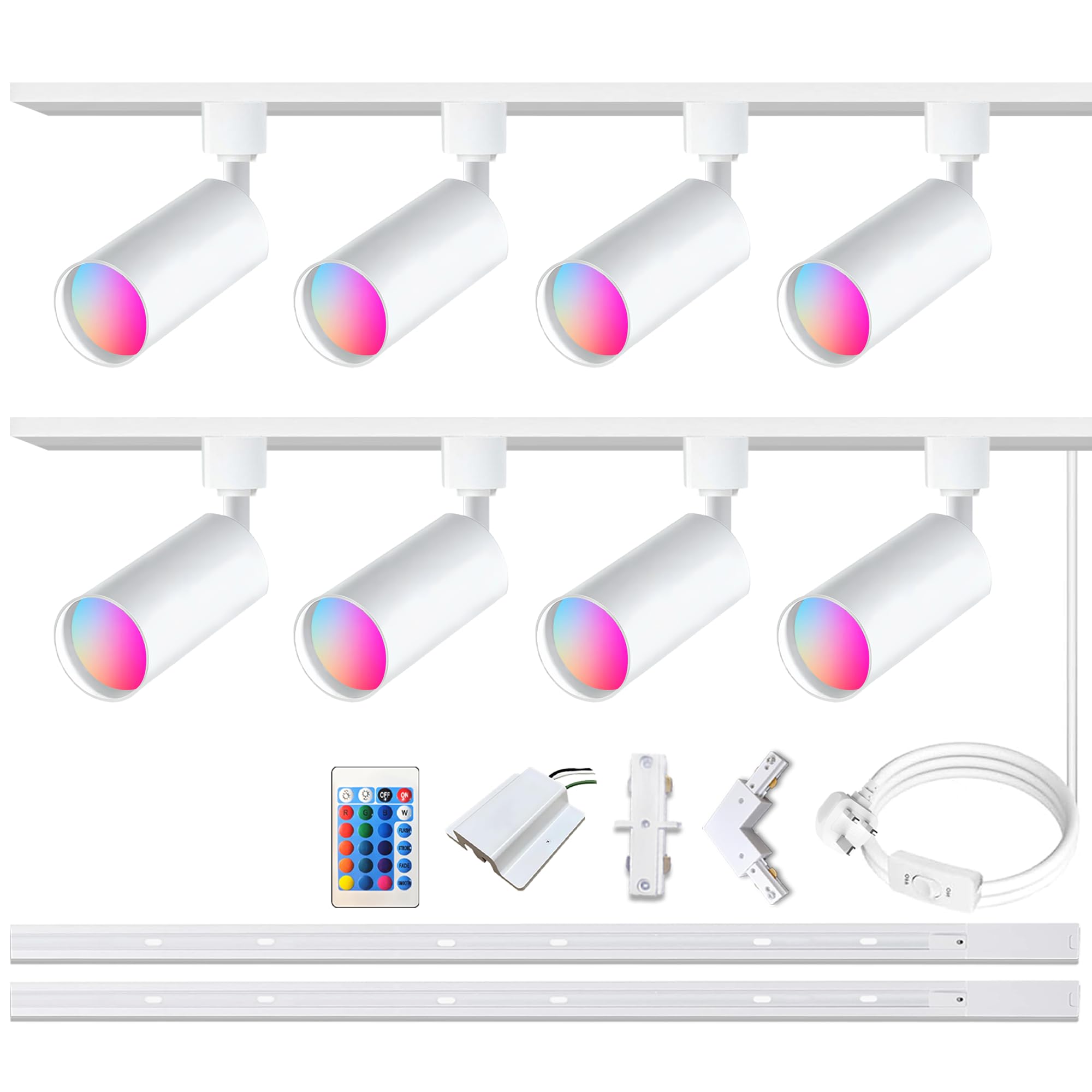 GU10 16-Color RGB Kit de iluminación de la pista, 8-Pack de focos que cambian de color con 2x1.5M H-Rail, IR remoto RGB luces de la pista para la sala de estar, fiestas en casa, discotecas,