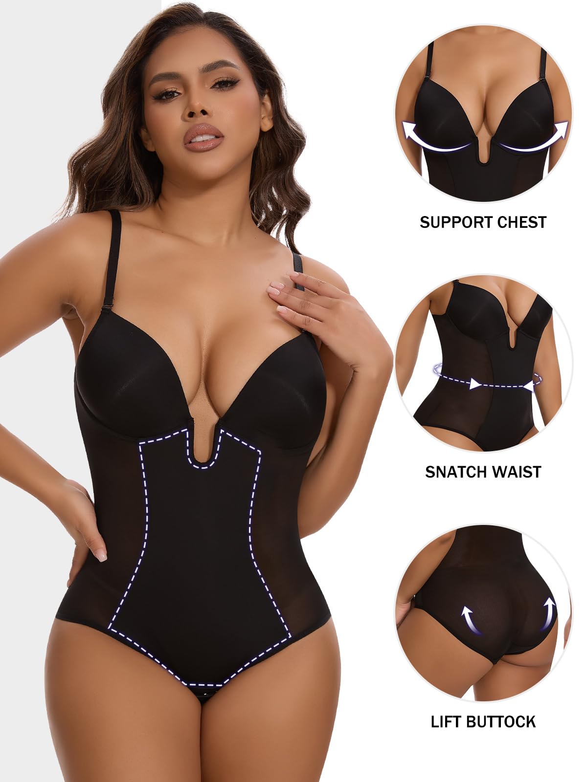SHAPERIN Body Sculptant Femme Dos Nu Gaine Ventre Plat Amincissante Shapewear Body Push Up Gainant Invisible avec Soutien Gorge