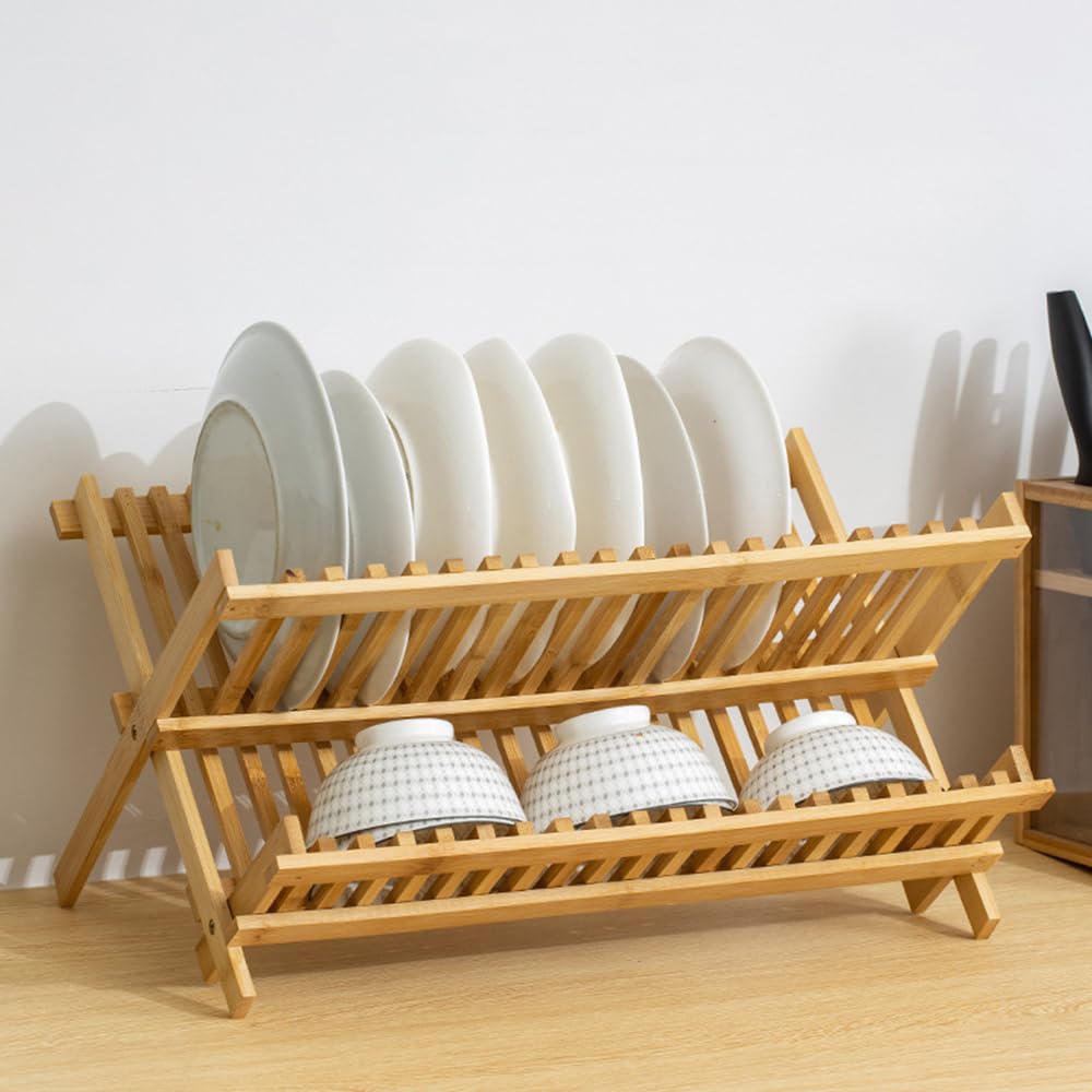 Scolapiatti in legno a 2 ripiani con portaposate, design pieghevole in bambù, tiene piatti e tazze separatamente, soluzione salvaspazio