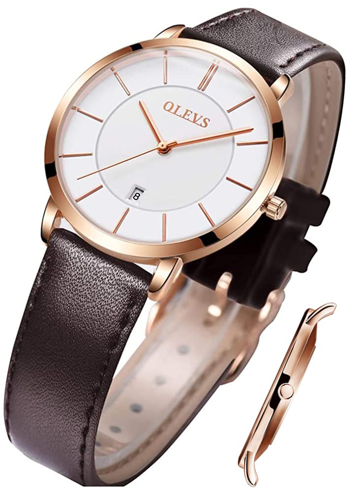 OLEVS Quarz Damen Uhr Elegante Armbanduhr Lederarmband Wasserdicht 30M Datumsanzeige Leuchtende Frauen Uhr Geschenke zum Muttertag