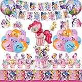 59Pcs My Little Girls Party Supplies Pony Birthday Decoration Included Birthday Banner, Hanging Swirls, Balloons, Carton Foil Balloon, Cake Topper, Cupcake Topper, Tablecloth