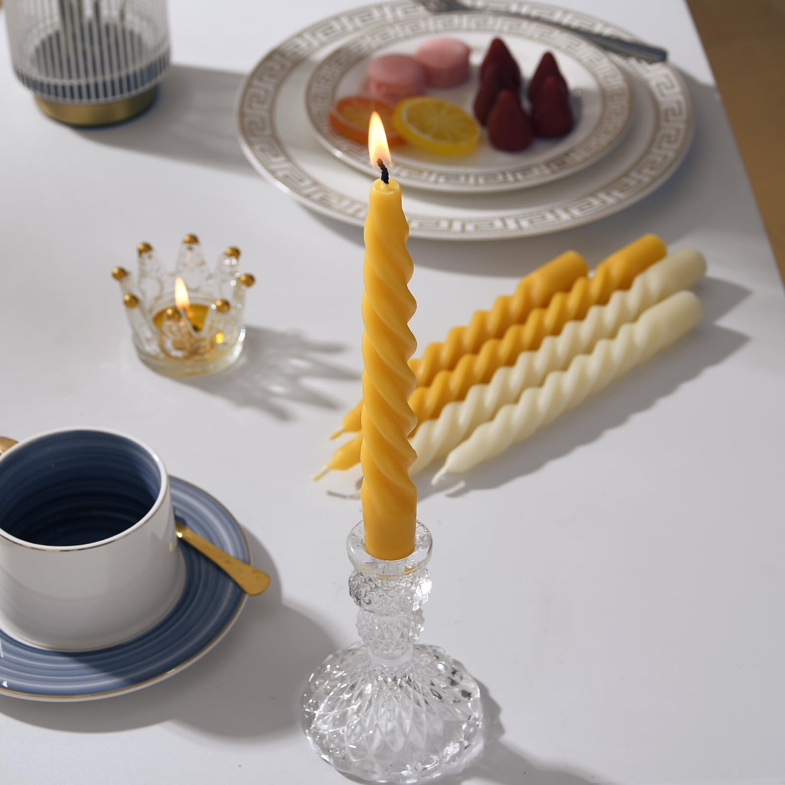 16 velas cónicas en espiral de cera de abeja pura de 7 pulgadas, velas trenzadas, sin goteo y sin perfume para bodas, Navidad, cena, meditación, color amarillo natural