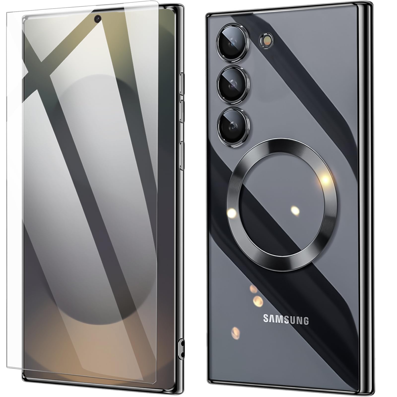 QiiStar for Samsung Galaxy S25 Plus Case with Screen Protector & Camera Lens Protector Titanium Glossy Soft TPU Silicone Magnetic Case Women Girls