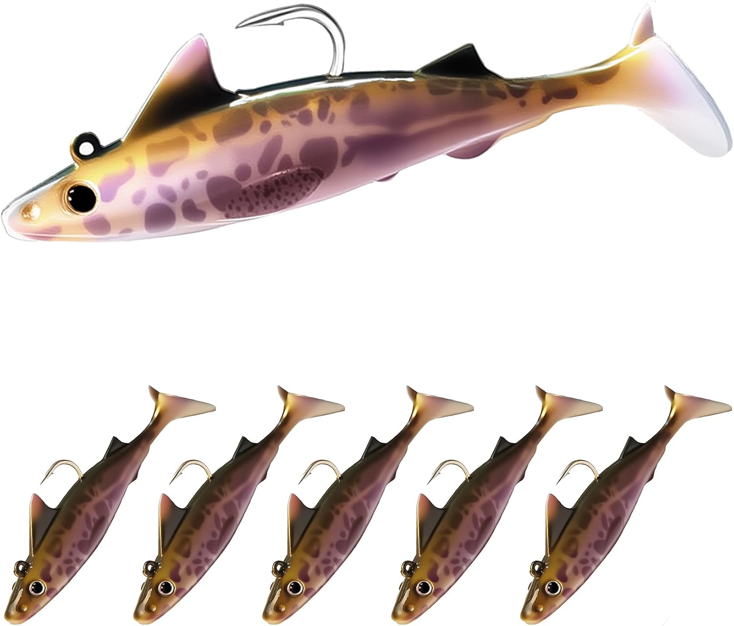Pristis 6 pcs Sharkita Jig Head Soft Fishing Lures, Plastic Pre-Rigged Paddle Tail Shark Shad Swimbaits, Durable Sinking Worm Bait Set Gear Kit for Saltwater Freshwater Bass Crappie Walleye Trout