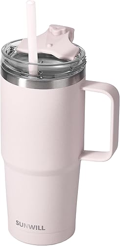 SUNWILL Taza de café de viaje con tapa, vaso con tapa y popote, vaso de café de 20 onzas con asa, vaso de acero inoxidable a prueba de fugas para