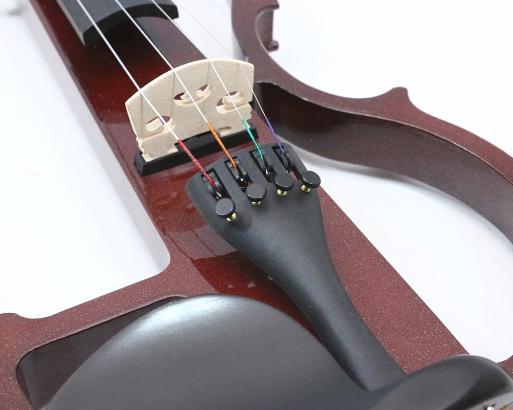 Violino elettrico 4/4 intero silenzioso in legno massello con accessori in ebano, con custodia, arco, cuffie, cavo, corde per studenti, principianti e adulti (Rosso vino), EV8 presa jack