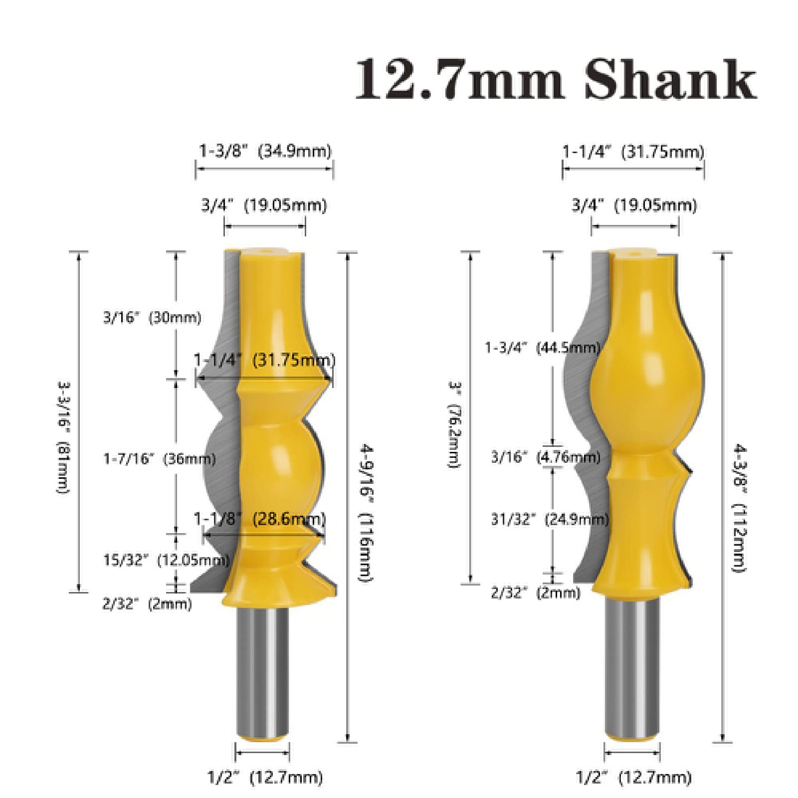 Set di punte for fresatura a corona, fresa reversibile for legno in carburo for scanalatura del cassetto(12.7mm Shank X 2PCS)