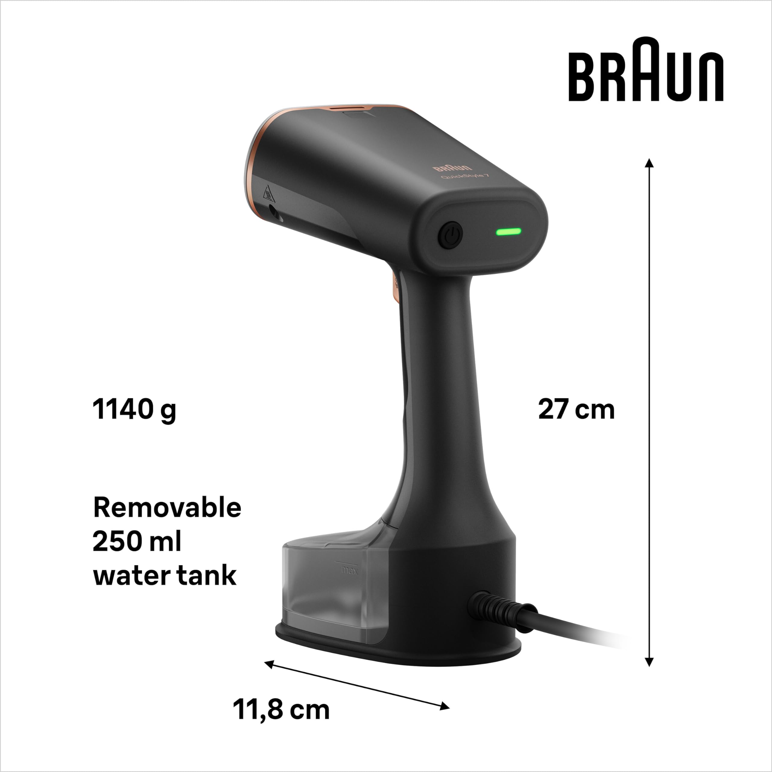 Braun QuickStyle 7 GS7077BK Dampfglätter, Dual FreeGlide 3D Technologie, FastSteam Technologie, Steamer, Dampf 35 g/min, Wassertank 250 ml, 3 m Kabellänge, in 35 Sekunden bereit, 1600W, Schwarz/Kupfer