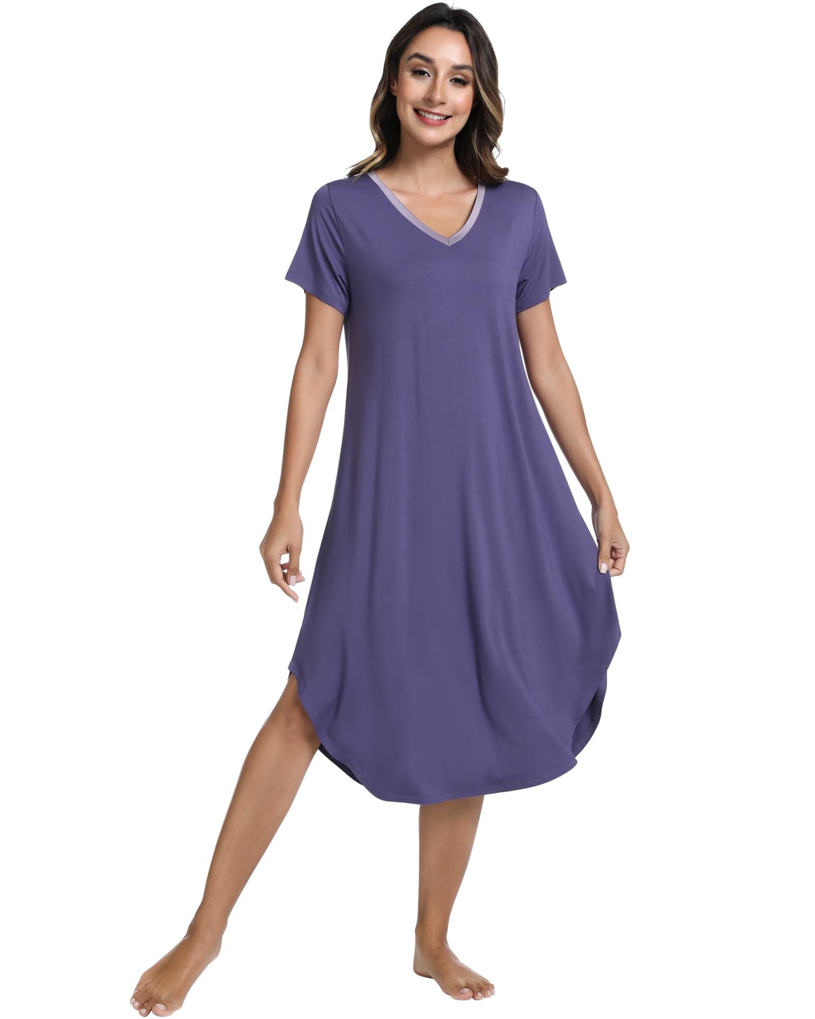 NACHILA Bamboo Viscose Nightgowns for Women Cooling Short Sleeve Sleepshirt | Soft V Neck Night Gowns, Moisture-Wicking Sleepwear for Hot Flashes &amp; Night Sweats, Ladies Nightshirts for Sleep, Home, Gift