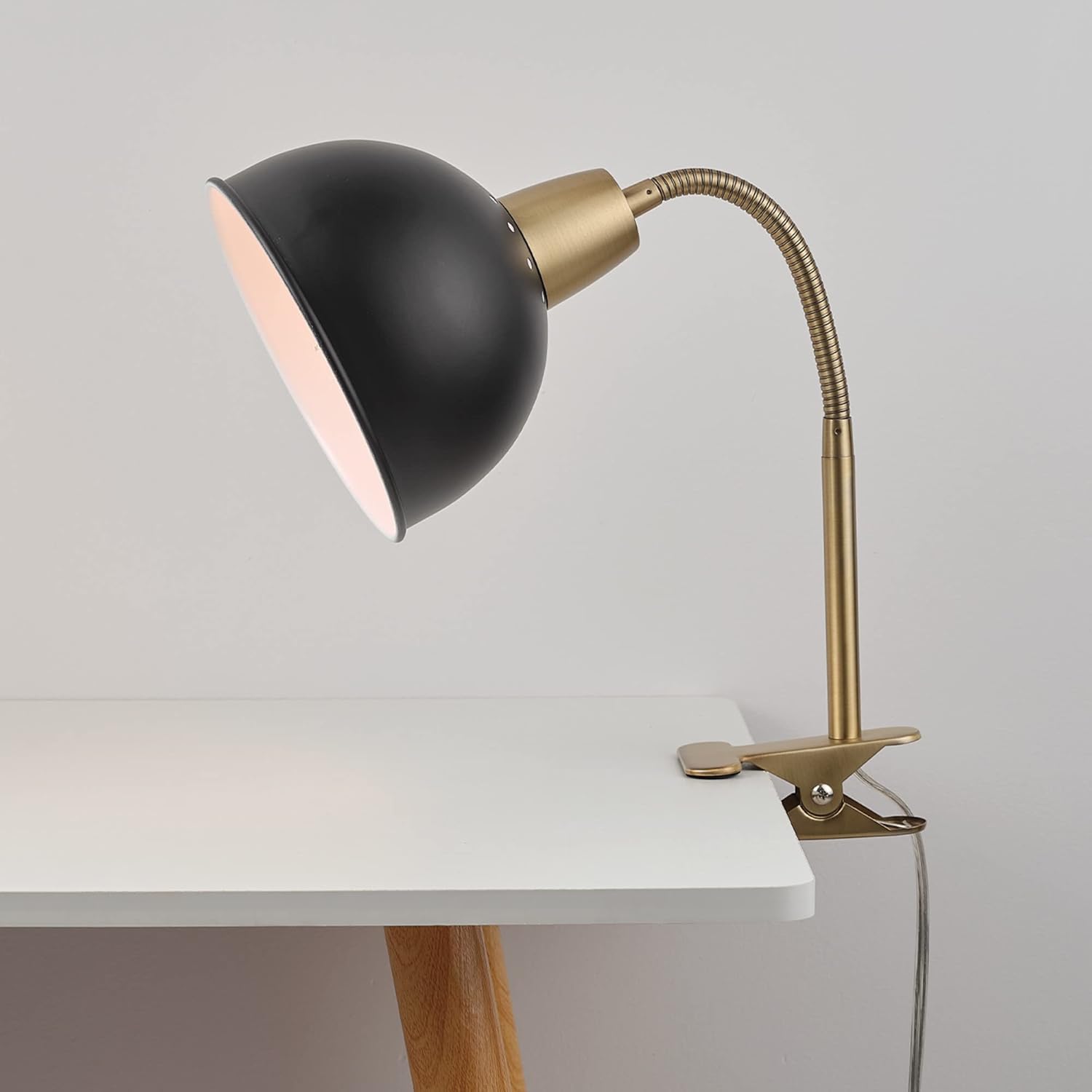 GLOBE Electric 56057 Zuri 20" Clip-Arm Desk Lamp, Matte Brass, Matte Black Shade, Adjustable Gooseneck, in-Line On/Off Switch