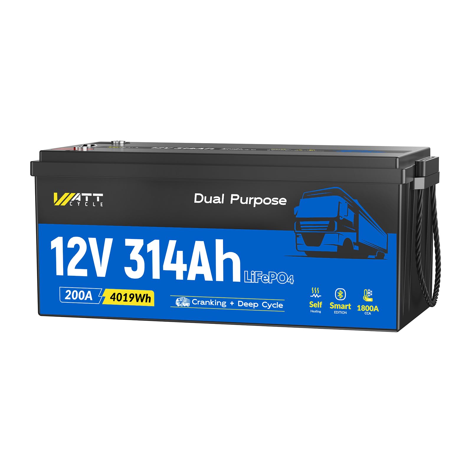WattCycle LiFePO4 12V 314Ah, 4019Wh, 1800CCA, Batteria per Camper e Camion
