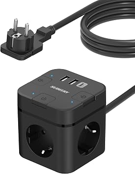 3 Fach Mehrfachsteckdose Flachstecker mit Einzeln Schaltbar Schwarz Steckdosenwürfel mit USB C Steckdosenleiste mit 2m Kabel 1 Typ-C USB Mehrfachstecker für Büro Hause Reisen