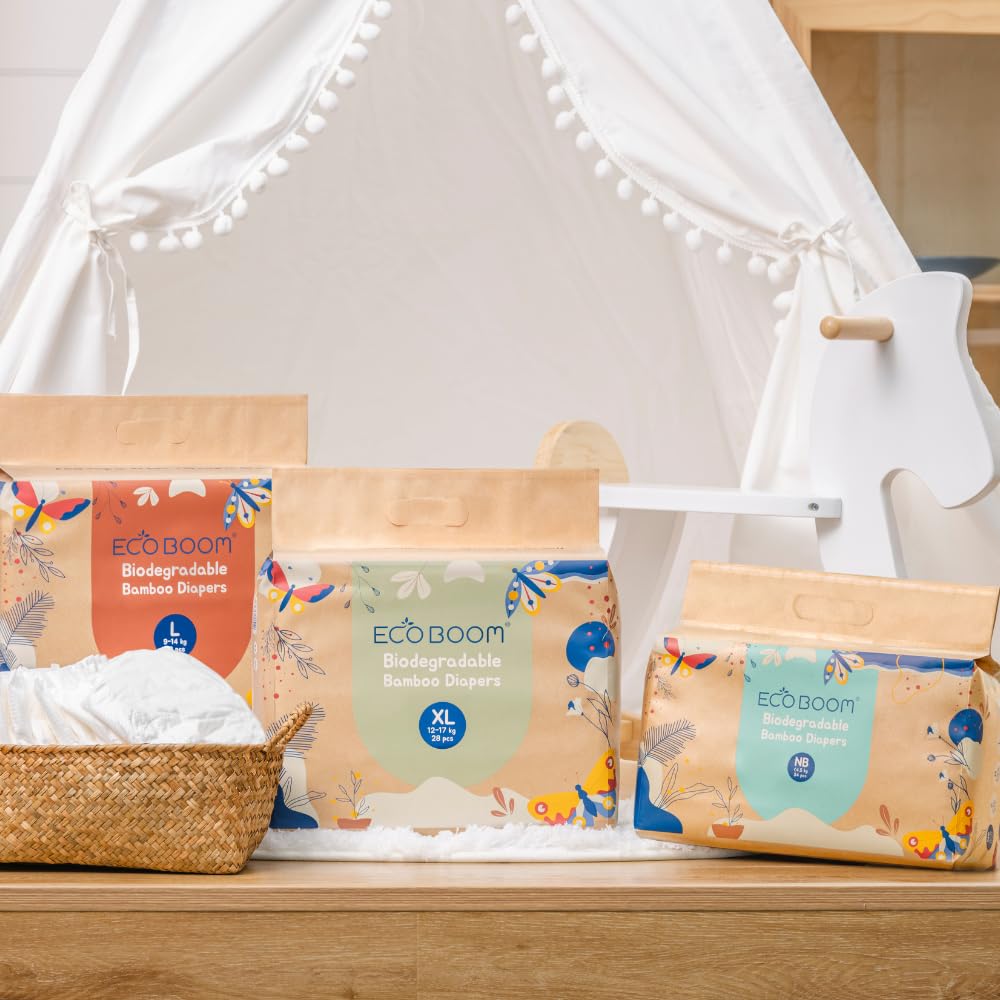 ECOBOOM JOY- Pañal Ecológico de BAMBÚ. 70% Biodegradable, Hipoalergénico (TALLA 3/M, 6-10 KG, PACK 4 BOLSAS - 128 pañales)