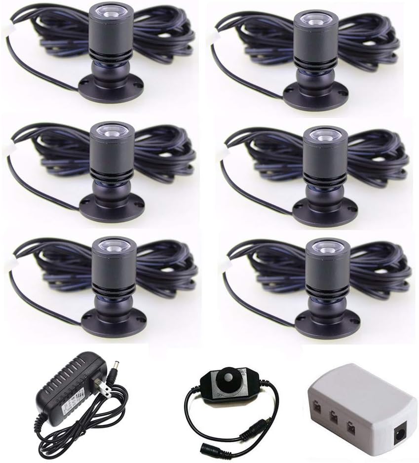 LED Vertical Spotlight Lamp Set Dimmable - LED1.5W 12VDC White 6000k for Mini Spotlight Jewelry Showcase Display Lighting Fixture Black Shell Including 6 Pack Spotlight Lighting and Power