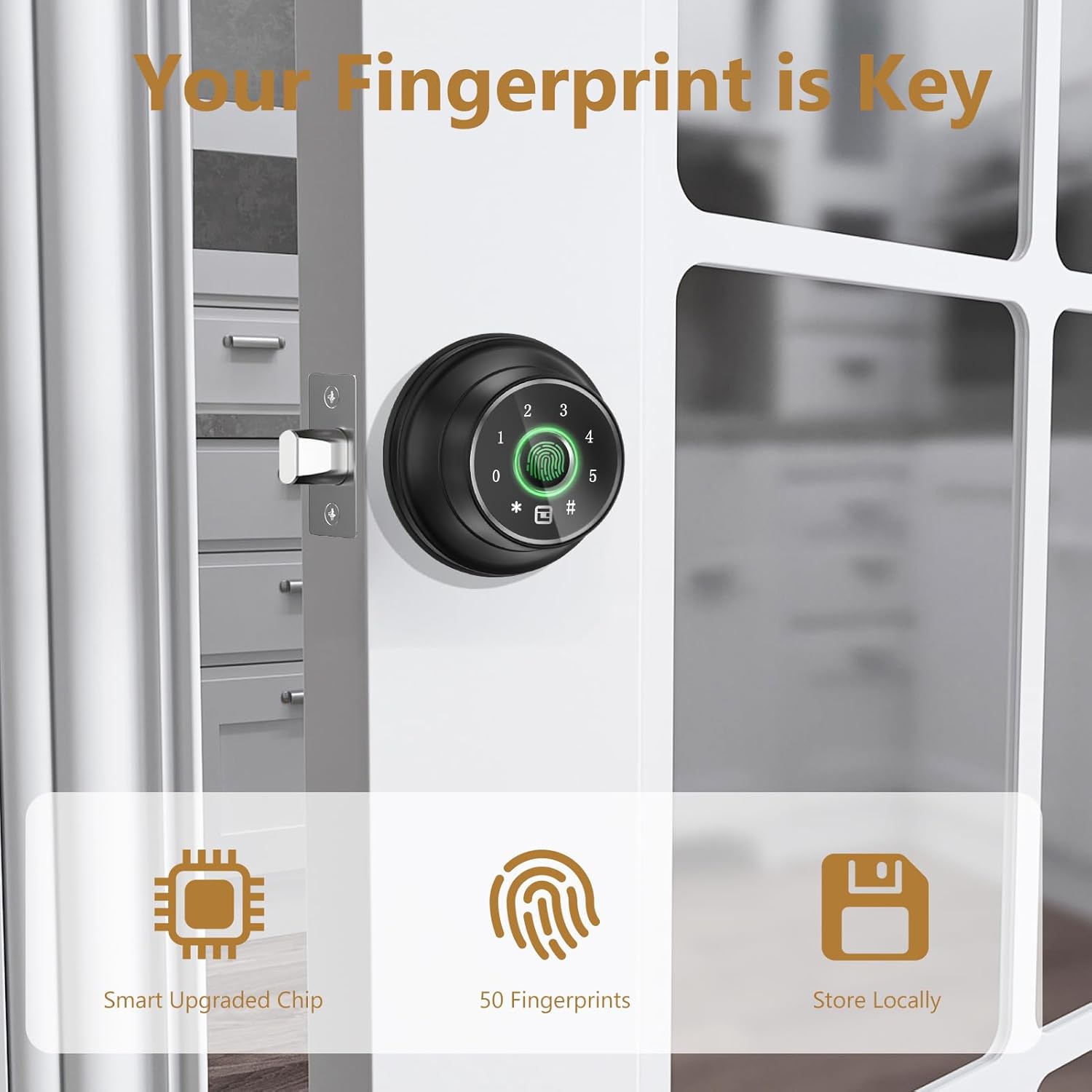 Close-up of the fingerprint sensor on the GeekTale smart lock.
