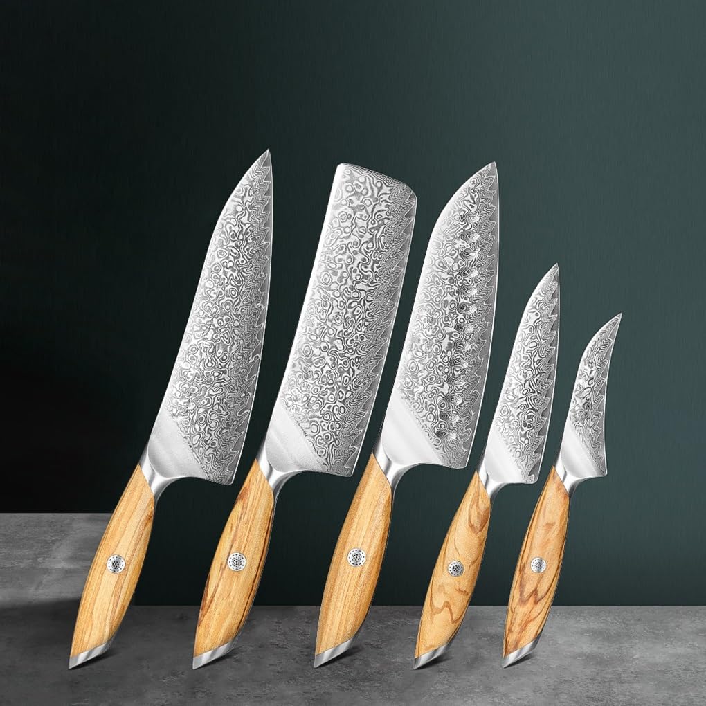 Damascus Knife Set 5PCS Kitchen Knife Set 73 Layers Composite Damascus Steel Chef Utility Nakiri Knives Olive Wood