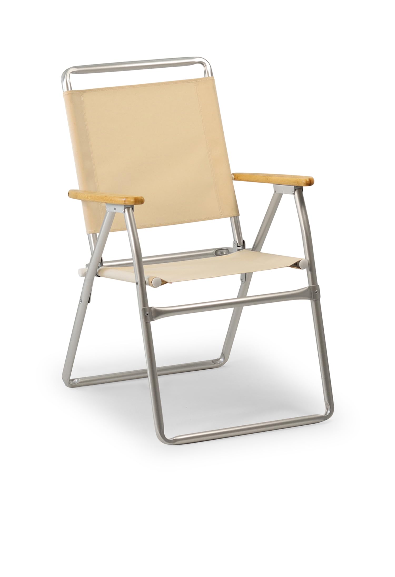 FORMA MARINE Folding Aluminum Beach Outdoor High Chair with Bamboo Armrest, Off-White Fabric, Model PA160W-BB