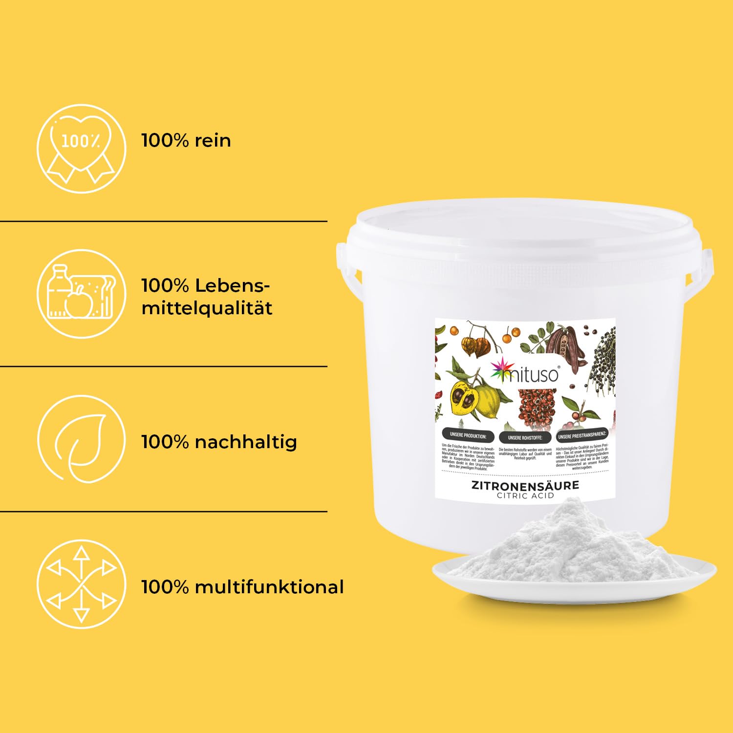 Zitronensäure Monohydrat Granulat 5kg | Lebensmittelqualität, reine Citronensäure E330 | gentechnikfrei, Säuerungsmittel ideal zum Entkalken, Reinigen, Putzen, Backen, Kochen - mituso