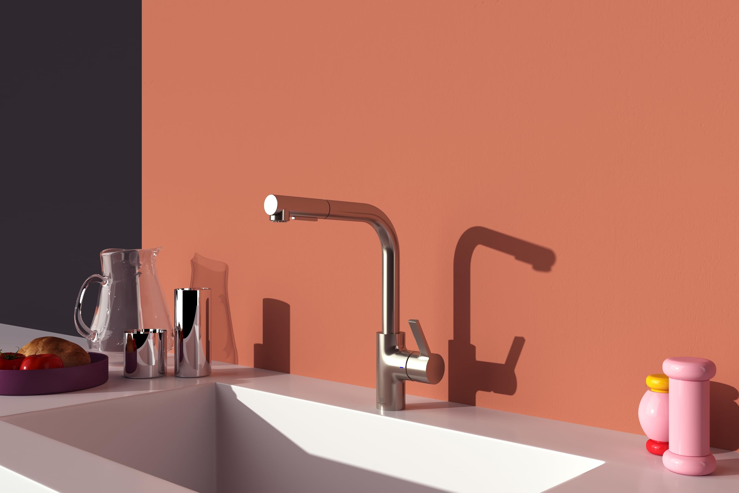 Ideal Standard – Gusto Monomando de cocina, Caño redondo en L, con rociador extraíble y dos modos de chorro, caño giratorio 360°, fácil de instalar con fijación EasyFix+, Tormenta Plateada