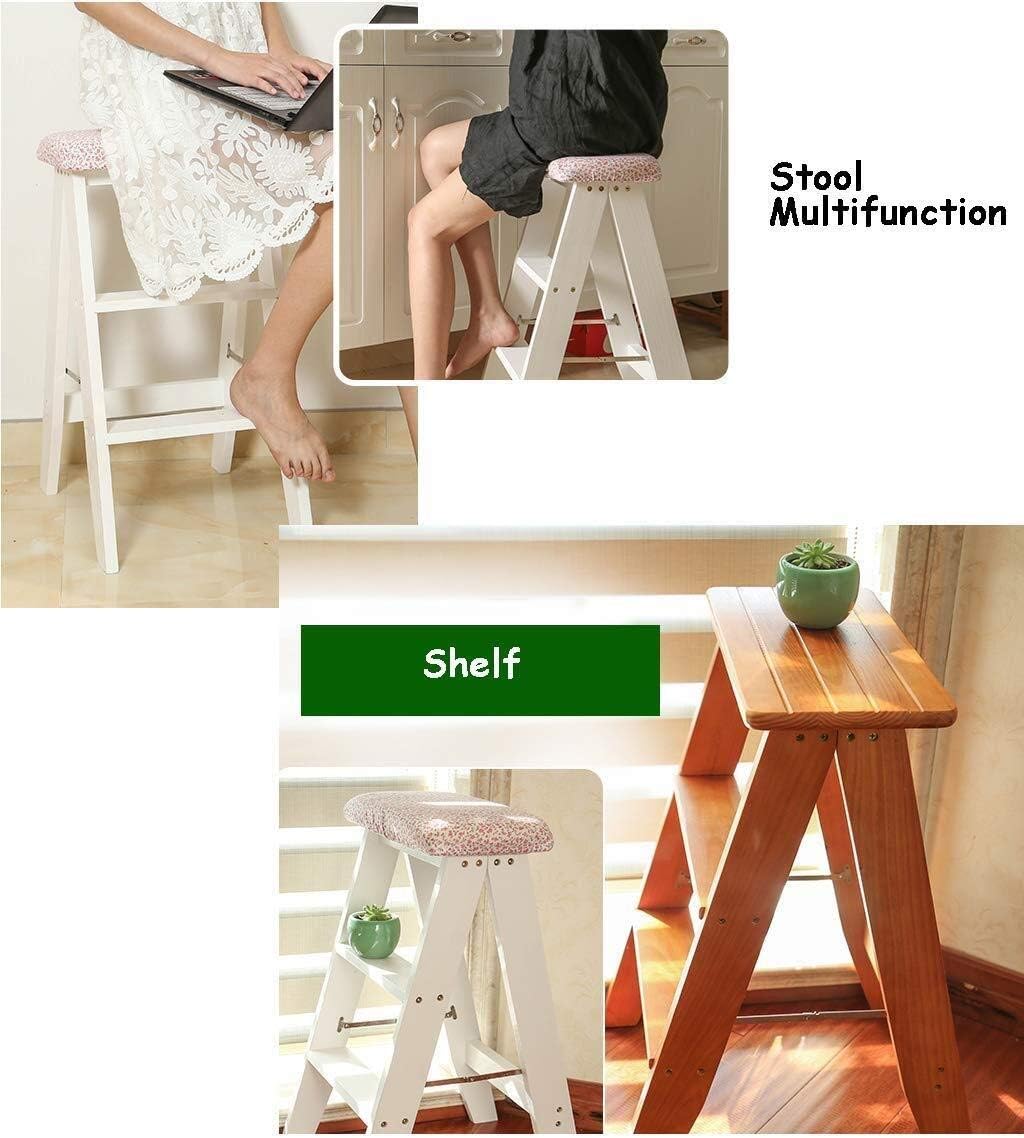 Folding 3 Tread Step/Ladder Stool, Wood Household Stair Chair Stepladder Sponge Seat for Home Garden Tool (Flower)