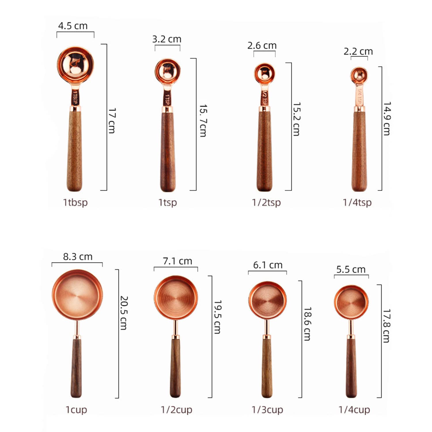 Set di Misurini e Cucchiai Acciaio Inossidabile 8 Pezzi Impilabile Manico in Legno Cucchiaio Preciso per la Cucina Ingredienti Secchi e Liquidi