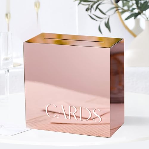 UNIQOOO Caja de tarjetas de boda de acrílico con espejo de oro rosa metálico con ranura, grande de 10 x 10 x 5.5 pulgadas con impresión blanca