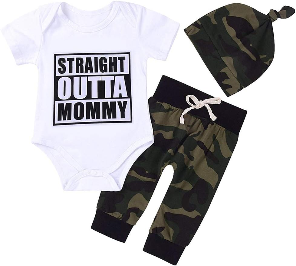 Cute 3pcs Newborn Baby Boys Letter Print Romper+Camouflage Pants+Hat Outfits Set