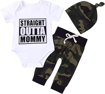 Cute 3pcs Newborn Baby Boys Letter Print Romper+Camouflage Pants+Hat Outfits Set 0-3Months, White&Outta