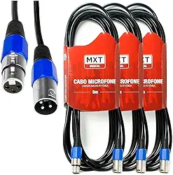 Kit com 3 Unidades Cabo Microfone XLR Balanceado, Macho e Fêmea, 5 Metros MXT