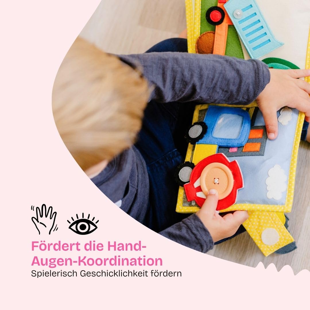 Jolly Designs Mini Quiet Book Mein erster Bagger – Montessori Spielzeug ab 18 Monaten – Busy Book & Stoffbuch aus Filz – Lernspielzeug zu Fahrzeugen & Verkehrsregeln – Motorikbuch für Kleinkinder