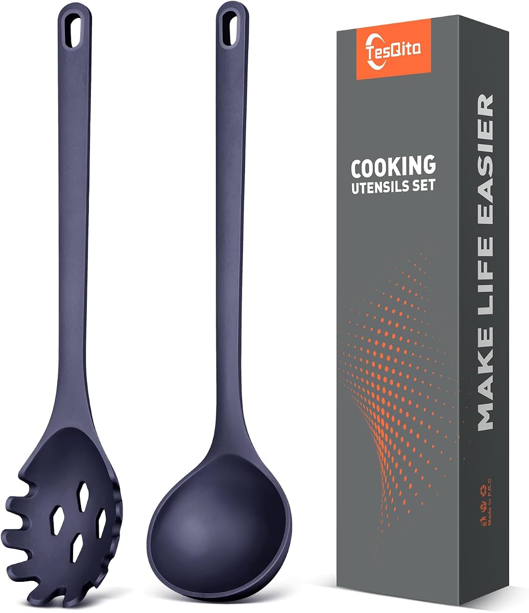 Juego de 2 utensilios de cocina con cuchara para espagueti y cucharón de sopa de silicona (AZUL) | Sin arañazos para utensilios de cocina antiadherentes, sin BPA, cuchara para pasta resistente al calor de 450 ℉, para cocinar, servir, sacar y revolver