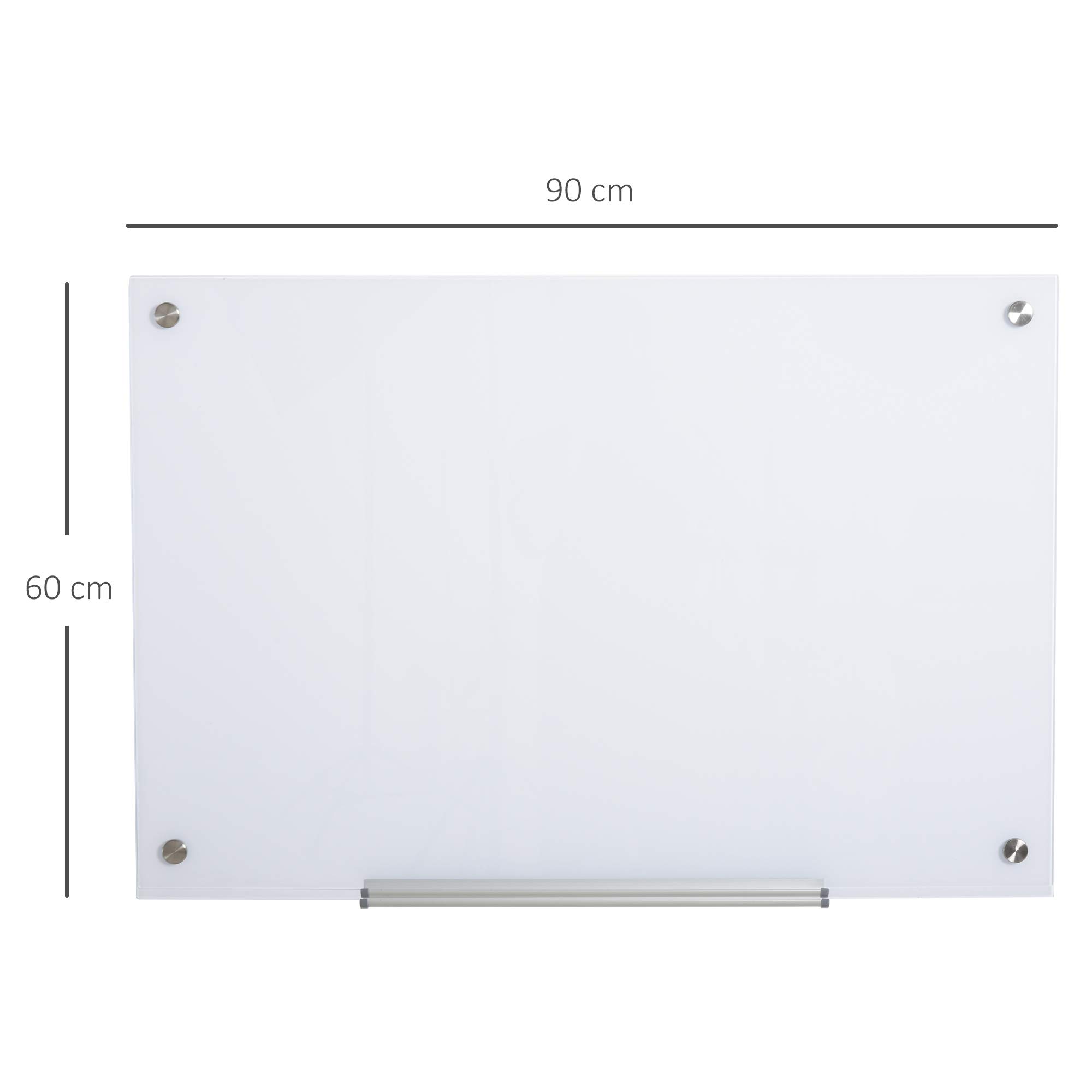 Vinsetto Pizarra de Cristal con Bandeja sin Marco 90x60x0,45 cm Blanco | Pizarra de Pared, Incluye 4 Rotuladores y Borrador