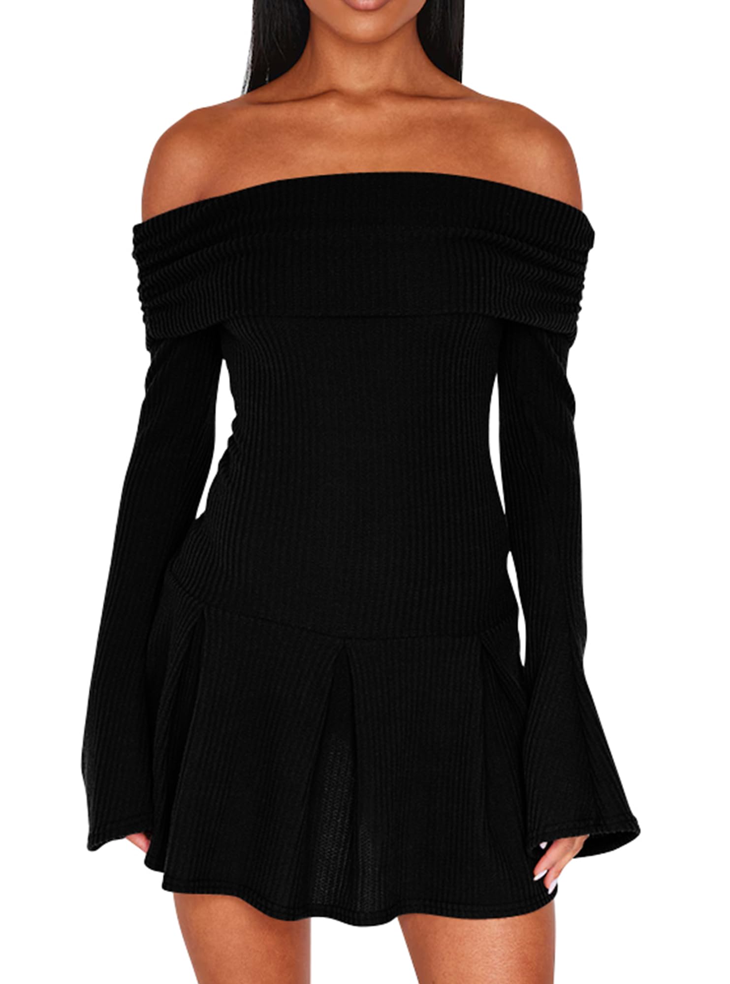 DAAWENXI Womens Casual Off The Shoulder Ribbed Knit Sweater Mini Dress 2025 Fall Long Sleeve A Line Dresses