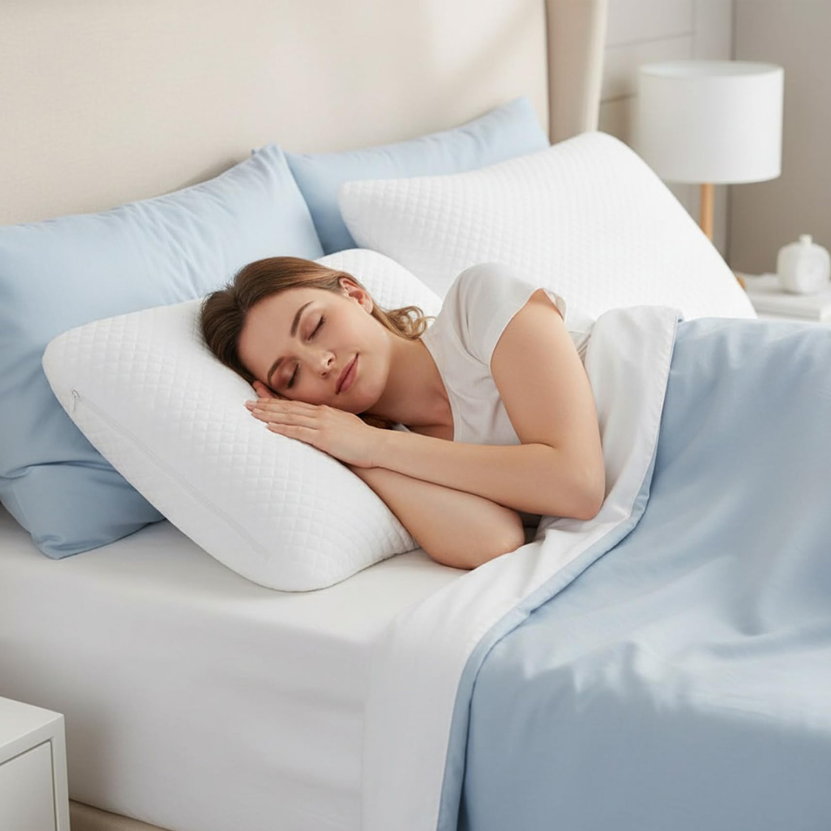 Cuscino in Memory Foam Gel, Cuscino Queen Size per alleviare Il Dolore al Collo con Rivestimento in bambù - Supporto per Chi Dorme sul Fianco, sulla Schiena e sullo Stomaco.
