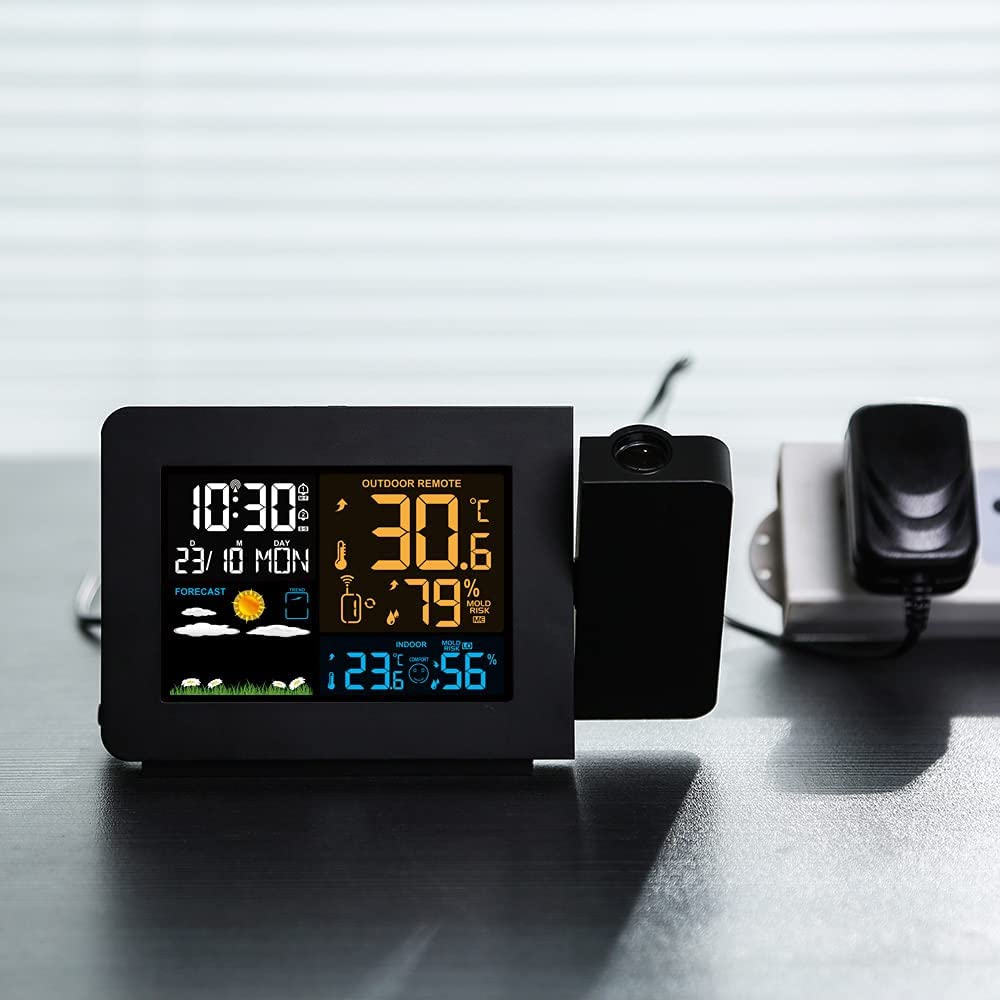 Station Météo Thermomètre Hygromètre sans Fil avec capteur, Horloge météo à Projection, thermomètre intérieur/extérieur avec Contrôle de Radio RCC, Réveil Doubles