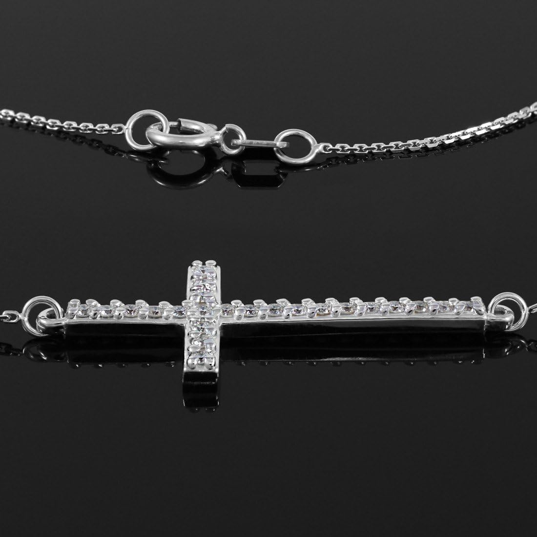 Sterling Silver Sideways Cross CZ Pendant Necklace - Image 2