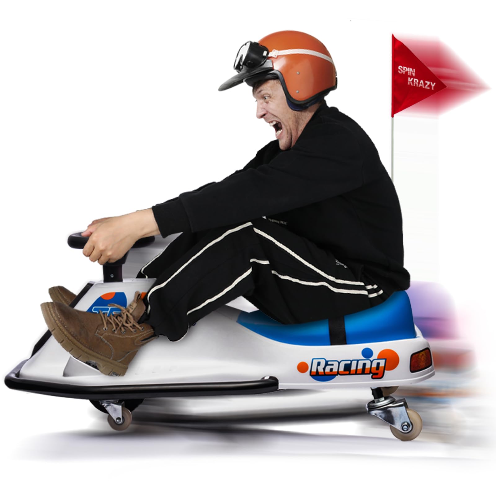 24V Electric Drifting Go Kart for Kids Ride on Electric Vehicles Car Age 3+ 80kg Load Capacity Crazy Drifting Carts in Situ Rotate 360°Gokart Metal Anti-Collision Frame(White Blue)