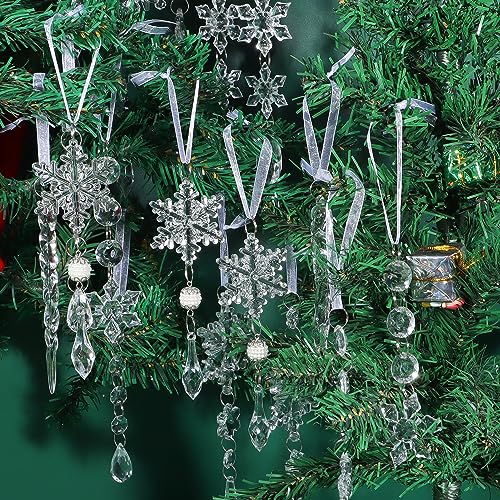 18pcs Christmas Tree Decoration Crystal Ornaments-Hanging Acrylic Snowflake and Icicle Ornaments with Drop Pendants for Christmas Tree New Year Party Decorations Supplies