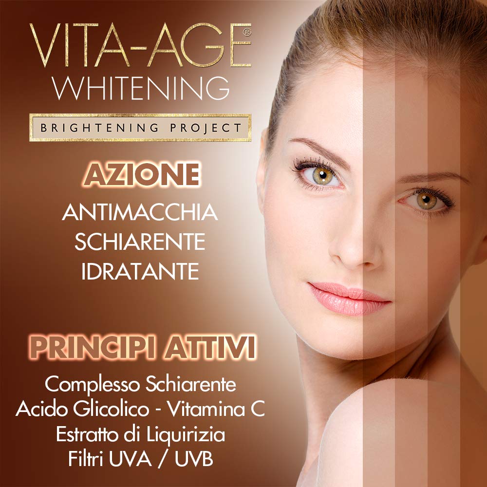 BOTTEGA DI LUNGA VITA CREMA VISO SCHIARENTE ANTI MACCHIA SPF 20 VITA-AGE WHITENING. Illumina, con complesso schiarente, acido glicolico. Vaso da 50 ml