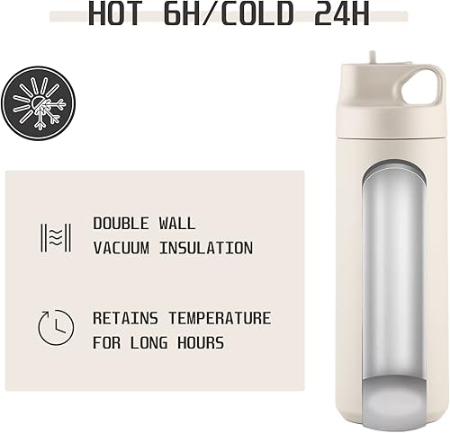 Miniatura 6 de Botella de agua aislada con tapa con pajilla, acero inoxidable 188 de 18 onzas, a prueba de fugas, doble pared aislada, antidesgaste, antisudor,