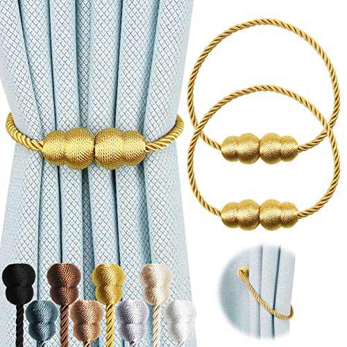 Hangtty Magnetic Curtain Tiebacks 2 Pack Rope Decorative Curtain Tie Backs Elegant Curtain Holders for Drapes Outdoor Window Treatment Holdbacks, Gold