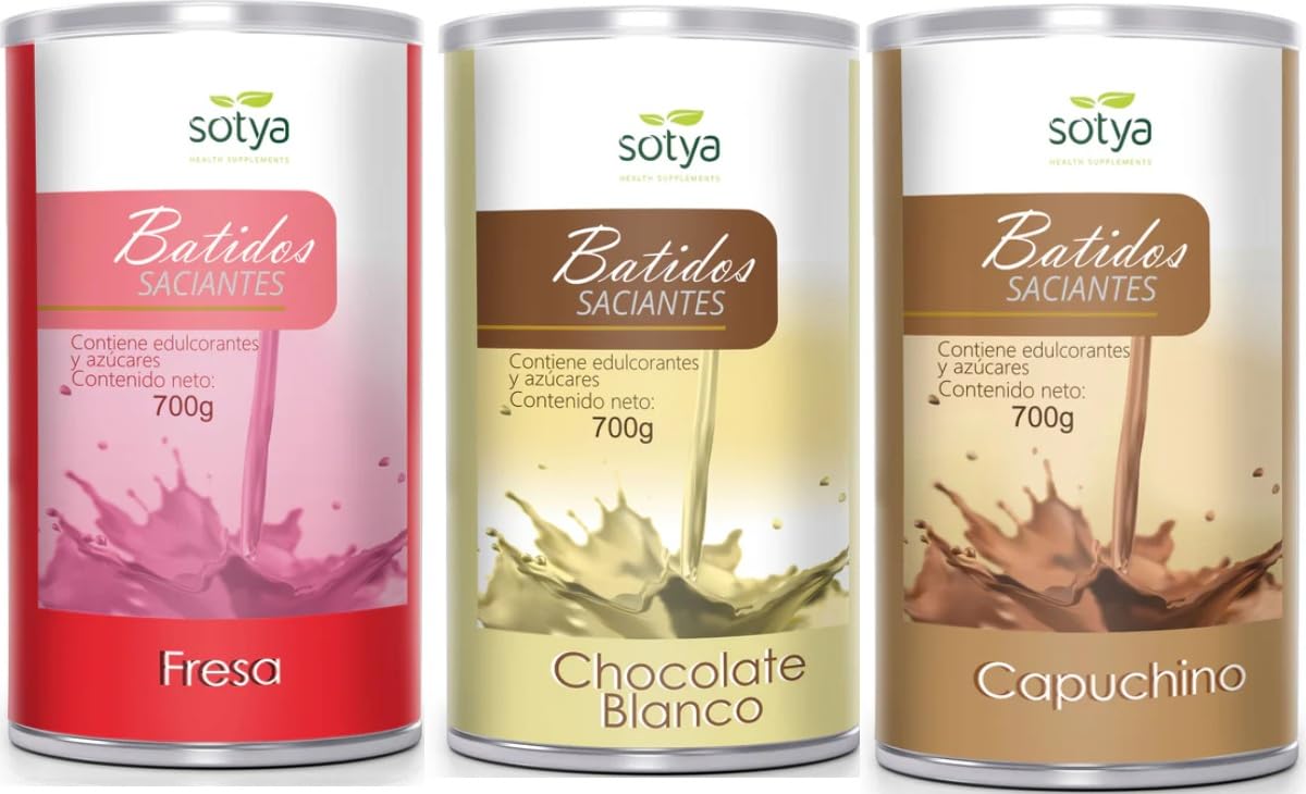 Sotya Batido Saciante Control de Peso Sustitutivo de Comida Pack 3 Sabores (Fresa, Chocolate Blanco y Capuchino) Alto en Proteínas y Fibra, Bajo en Grasas, Sin Azúcares Añadidos