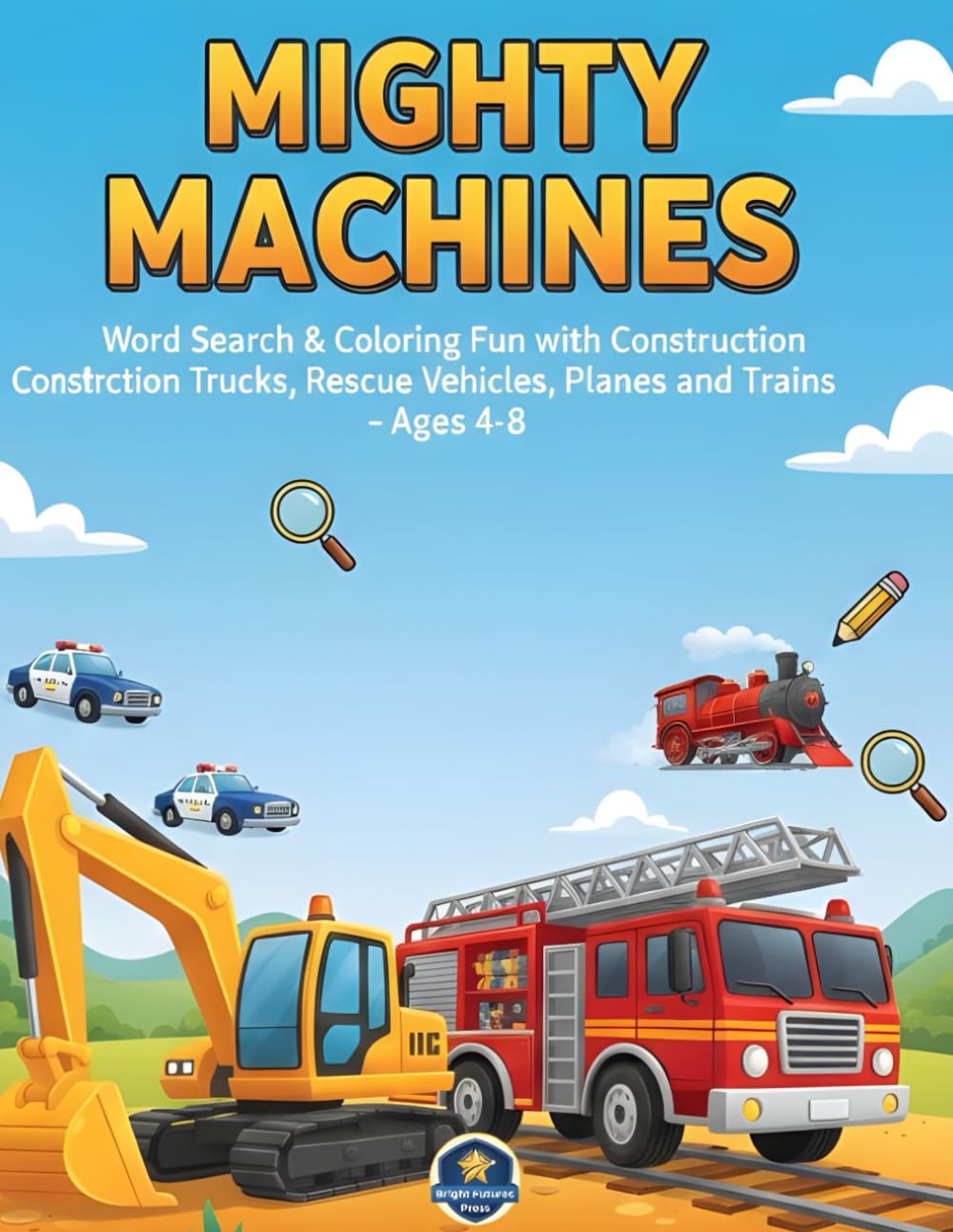 Mighty Machines Activity Book for Kids: Word Search & Coloring Fun with Construction Trucks, Rescue Vehicles, Planes, and Trains - Ages 4-8