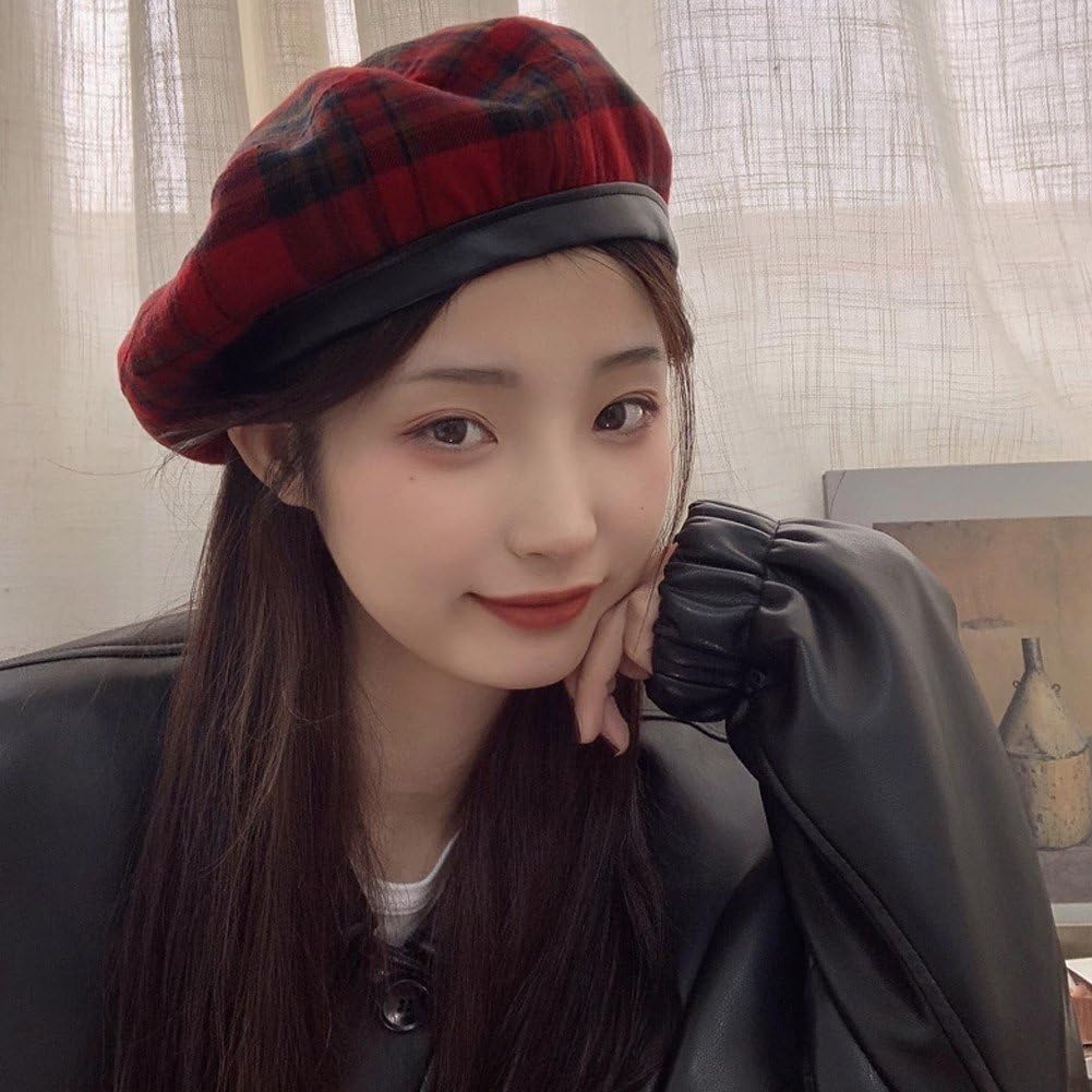 2823 Women Winter Plaid French Beret Hat Tartan Check Artist Painter Hats Wool Beret Hat French Cap Winter Artist Painter One Size, 1  main image 4