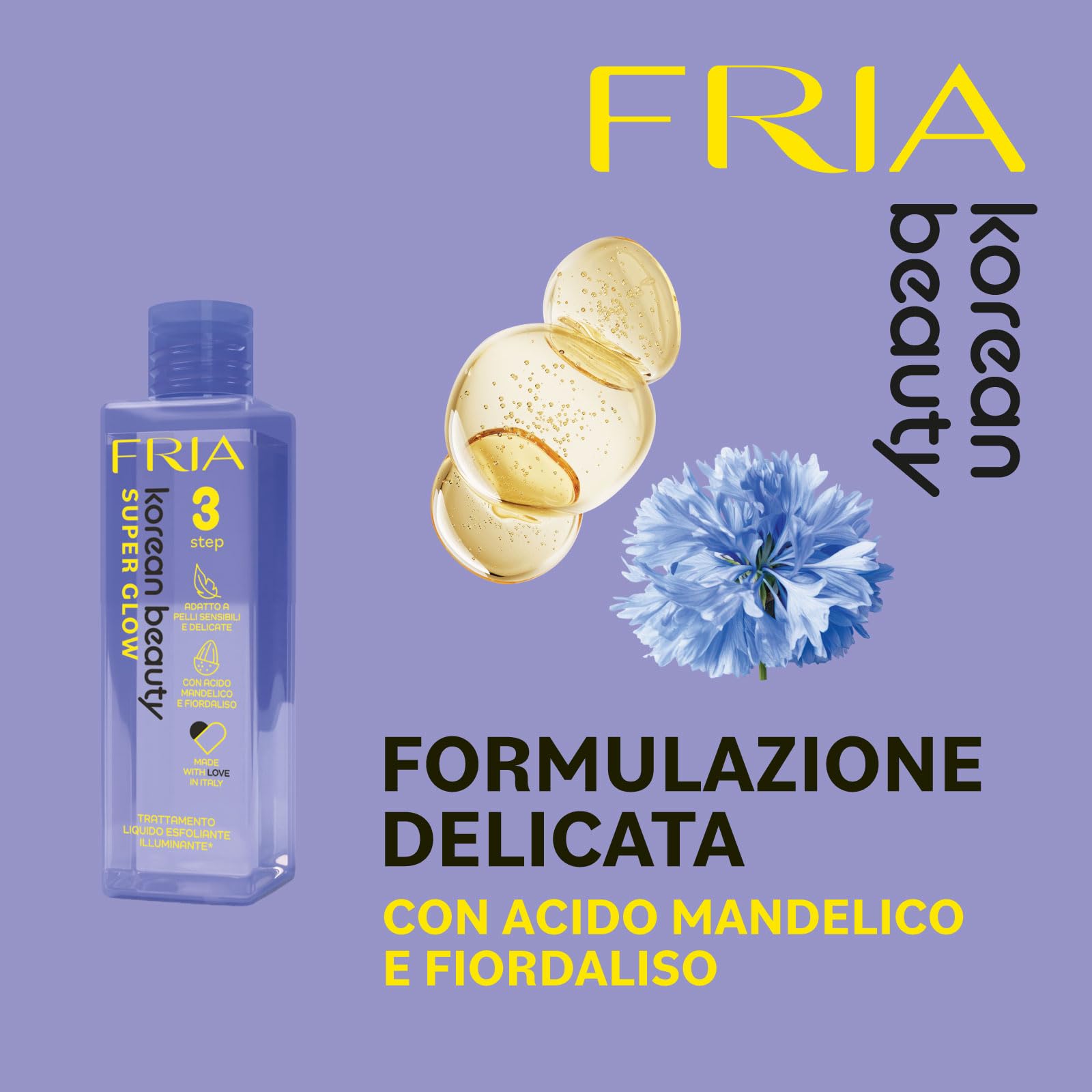 Fria Korean Beauty Trattamento Liquido Esfoliante Illuminante Super Glow, Adatto a Pelli Sensibili e Delicate, Con Acido Mandelico e Fiordaliso, Confezione da 150ml
