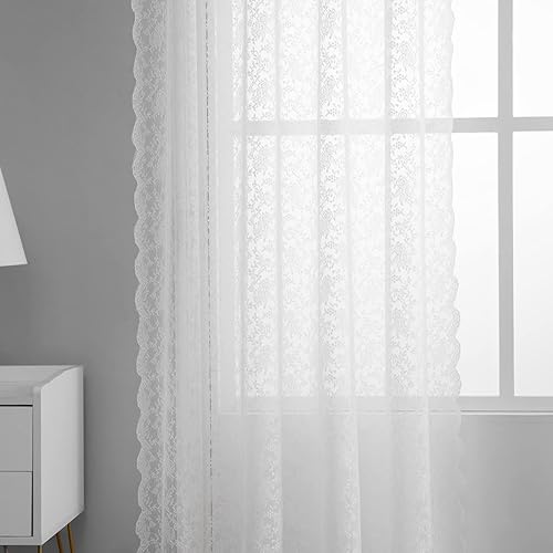 Miniatura 4 de Cortinas de encaje floral de 84 pulgadas de largo, cortinas transparentes de encaje festoneado para sala de estar, bolsillo para barra, privacidad