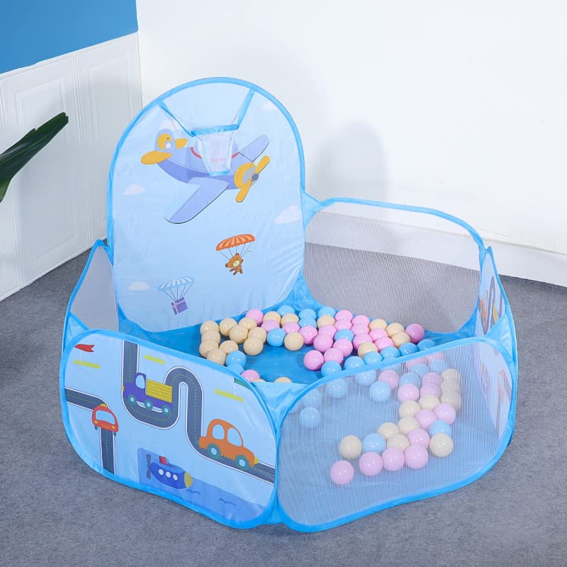 BabyGo Kids Activity Basketball Aeroplane Ball Pool for Kids, Play Tent House for 2+ Year Old Girls and Boys, Ball Pit for Kid, Spacious, Lightweight, Portable & Easy to Set Up (Blue) (No Balls)