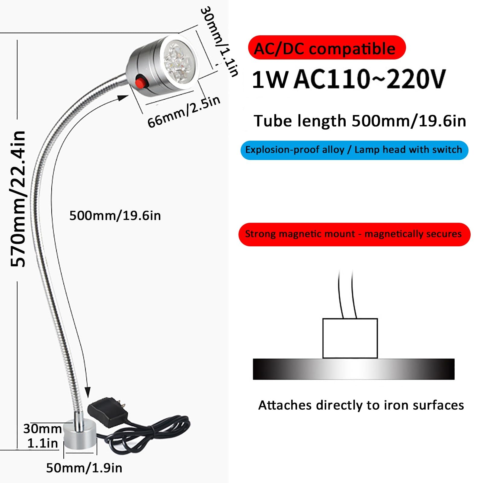 Lampada da lavoro magnetica, lampada a LED con collo d'oca flessibile e base magnetica for torni, banchi da lavoro, macchine da cucire, griglie, scrivanie da ufficio(1W,110-220V)