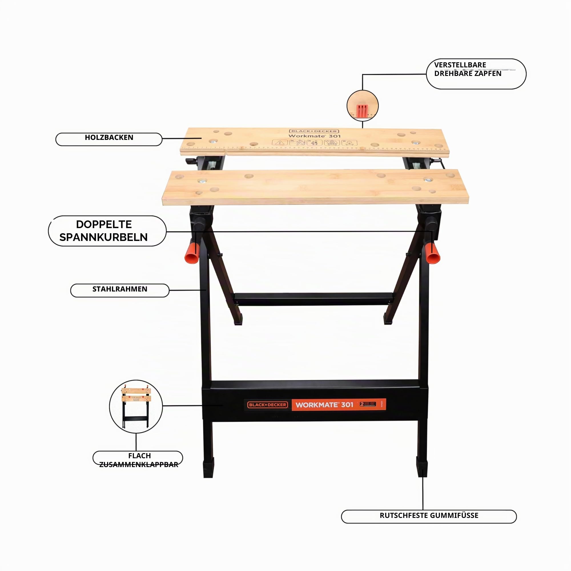 BLACK+DECKER tragbare Werkbank für Werkstatt - Sägebock Werkbank klappbar als Werkstatteinrichtung (freistehend, Abmessung der Arbeitsplatte: 610x250 mm, max. Tragkraft: 160 kg) WM301